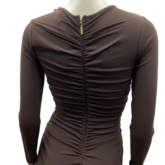 MICHAEL KORS $145 Brown Ruched Long Sleeve Midi‎ Dress With V-Neckline SM NWT - Picture 10 of 12